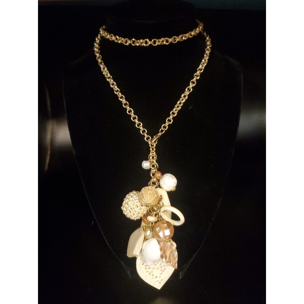 JTV Necklace With Mother Of Pearl, Pearls, Shells, And Carved Dangles. Goldtoned